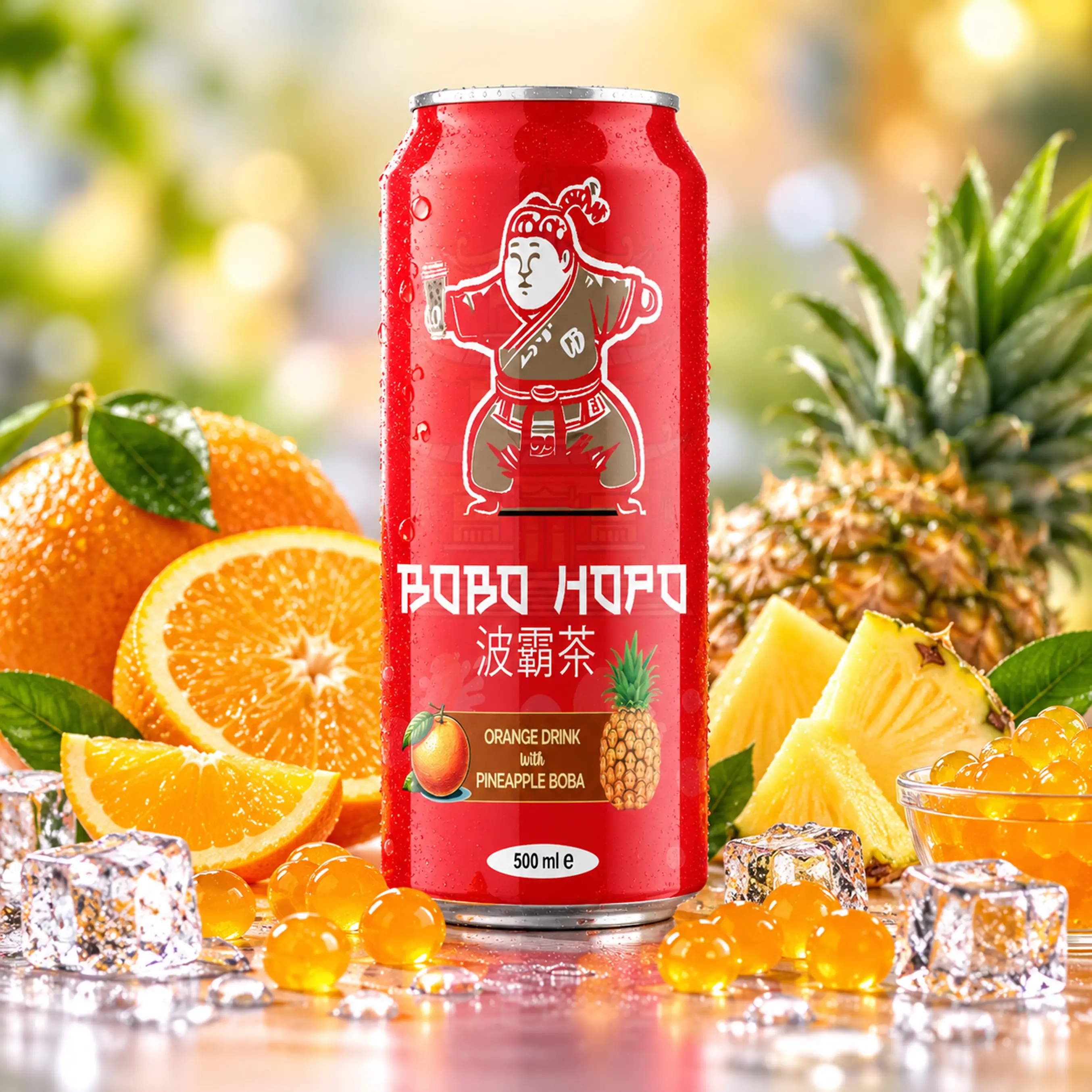 Bobo Hopo 500 ml orange drink with pineapple boba, fresh orange, pineapple, ice cubes and boba pearls.